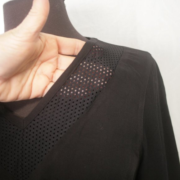 Black V-Neck Blouse with Open Mesh at Neck and Wrists - Picture 2 of 5